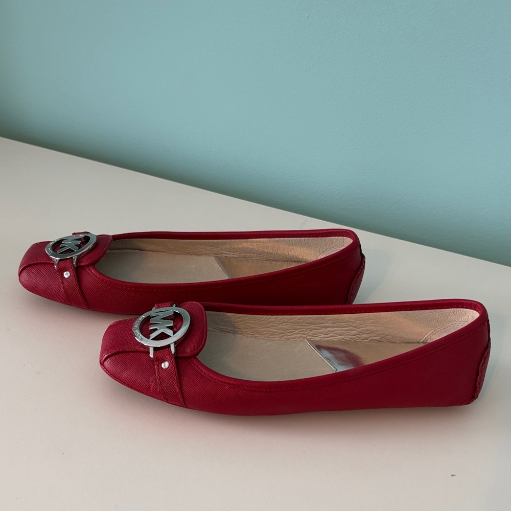 Michael Kors Red Leather Flats with Silver Accents - Picture 2 of 3